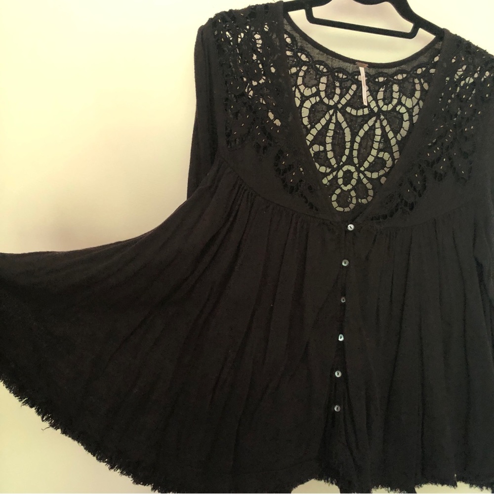 Free People Black Crochet Detail Blouse